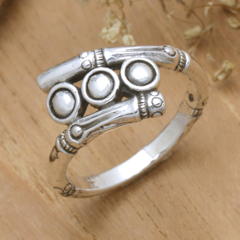 Sterling Silver Cocktail Ring with Bamboo-Themed Band, "Bamboo Planets"