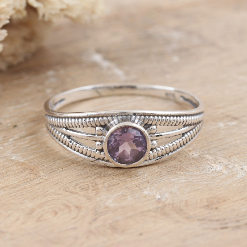 Polished Domed Single Stone Ring with Round Amethyst Gem, "Wise Eden"