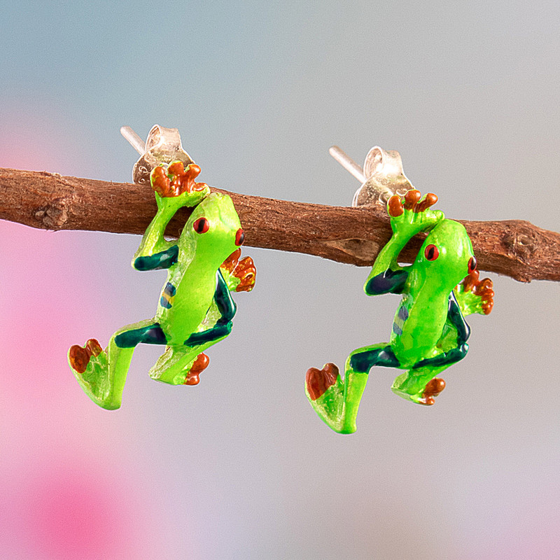 Painted Frog-Themed Sterling Silver Button Earrings, "Tree Frog"
