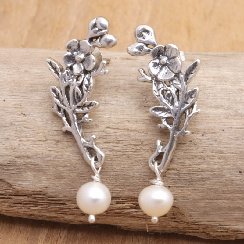 Sterling Silver Floral Dangle Earrings with Cultured Pearls, "Winter Plumeria"