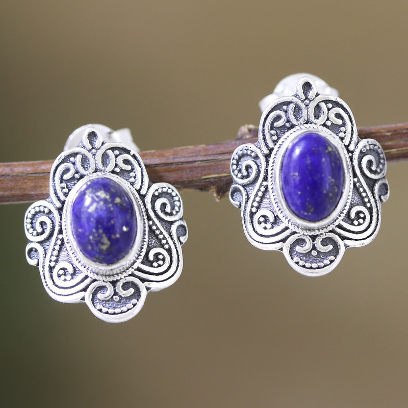 Sterling Silver Button Earrings with Lapis Lazuli Jewels, "India's Royalty"