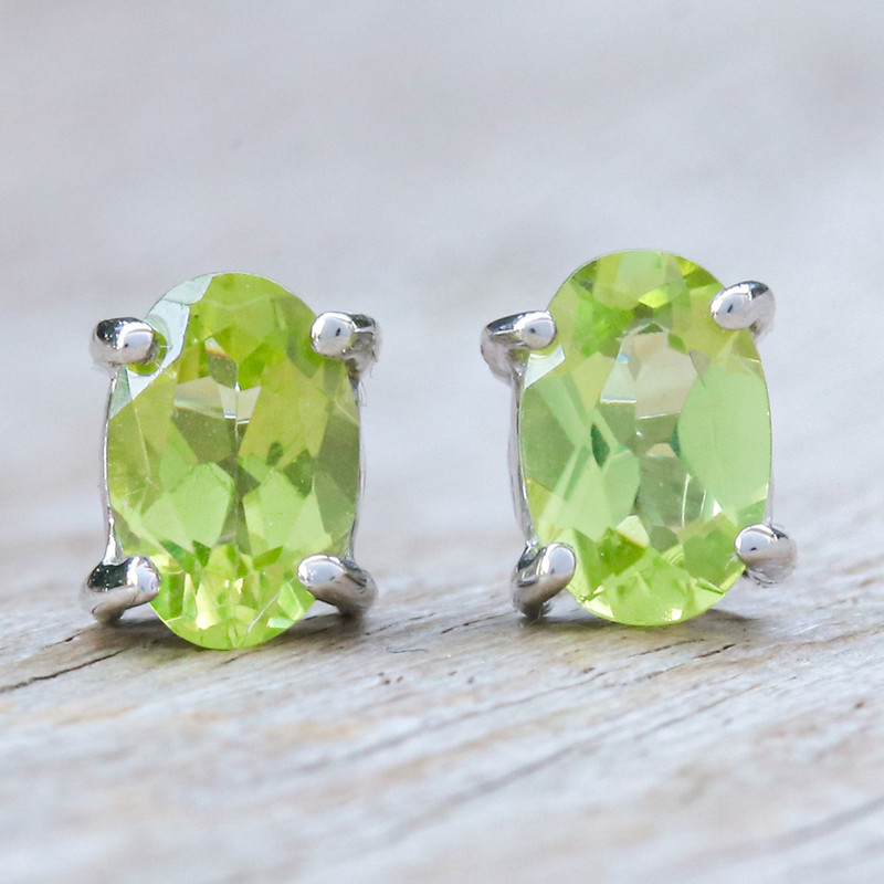 Sterling Silver Button Earrings with Natural Peridot Gems, "Fortune Maiden"
