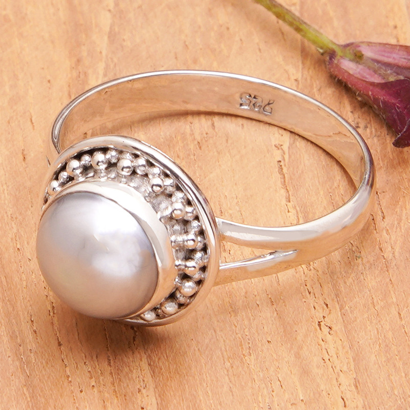Sterling Silver Cocktail Ring with Grey Cultured Pearl, "Pearly Ocean"