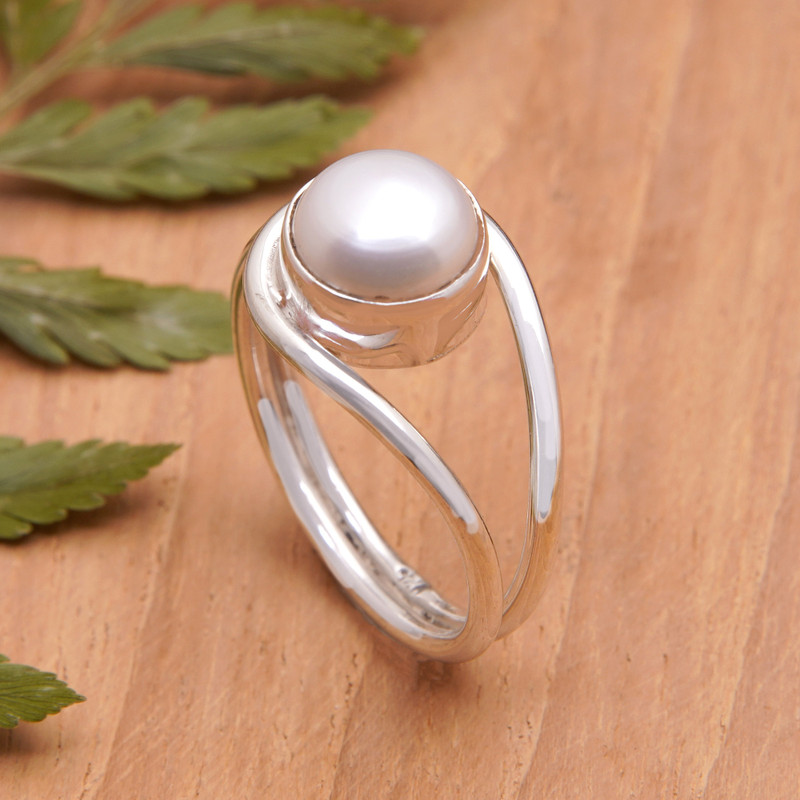Modern Cocktail Ring with a White Cultured Pearl, "Sophisticated Waves"
