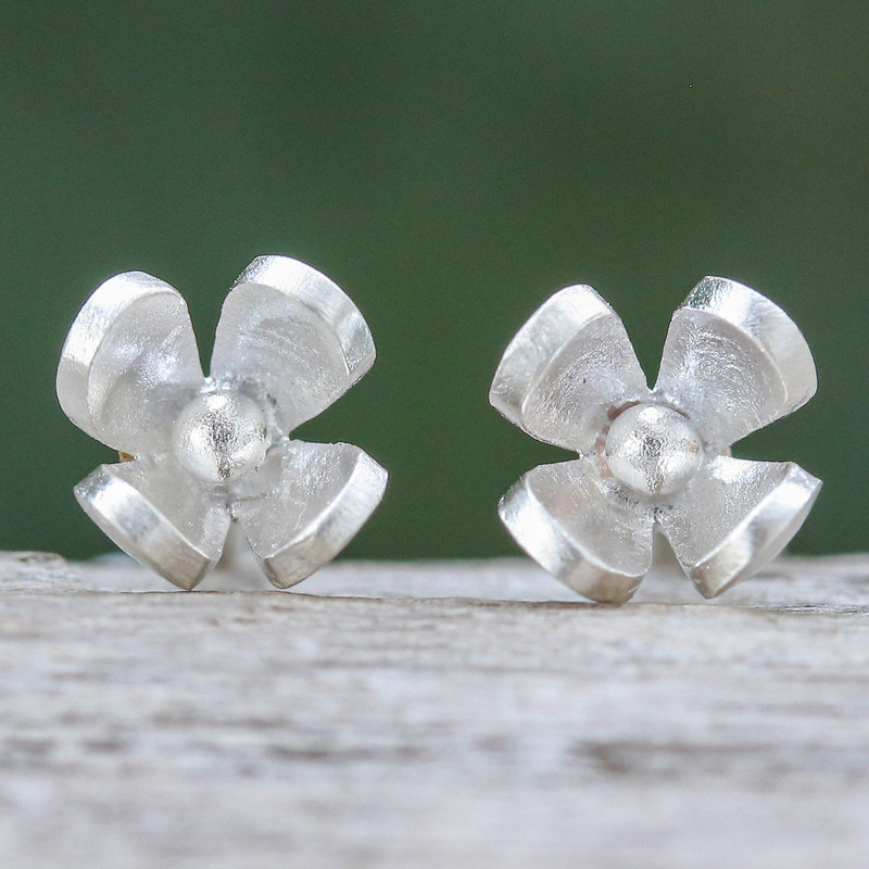 Sterling Silver Floral Stud Earrings in a Matte Finish, "Spring in Heaven"