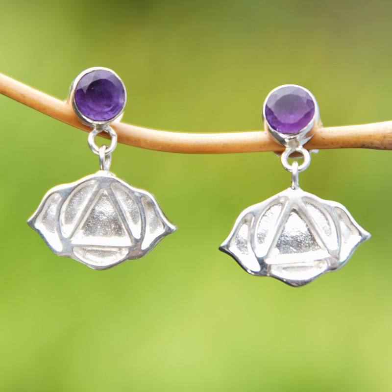 Amethyst and Silver Sacral Chakra Symbol Dangle Earrings, "Swadhisthana Chakra"