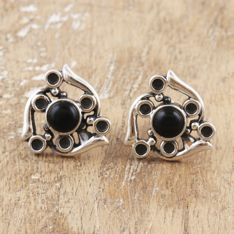 Sterling Silver Button Earrings with Onyx Jewels from India, "Protective Twist"