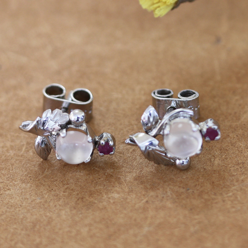 Polished Leafy Button Earrings with Moonstone and Ruby Gems, "Passion Talisman"
