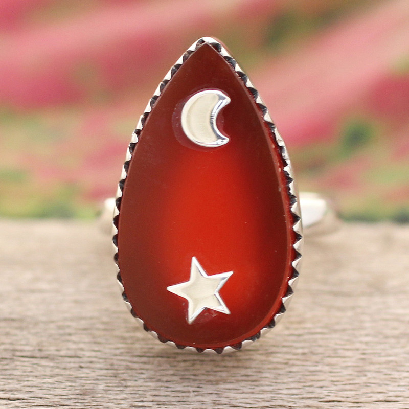 Sterling Silver Cocktail Ring with Carnelian Gem from India, "Confident Universe"