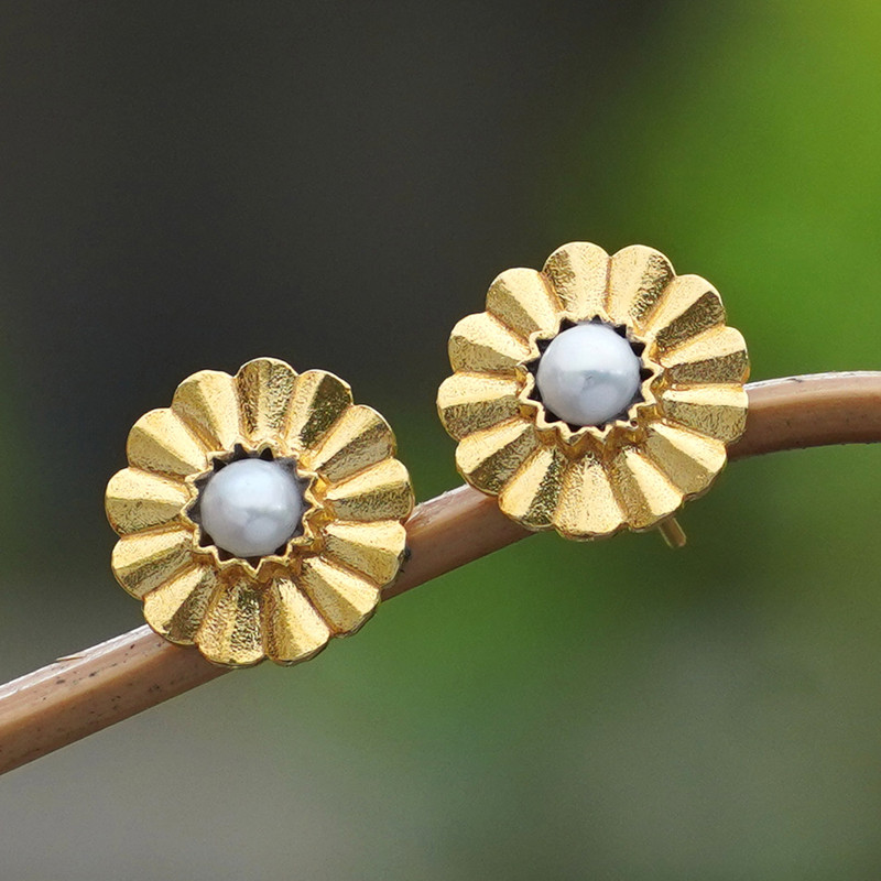 22k Gold-Plated Floral Button Earrings with Grey Pearls, "Origami Bloom"