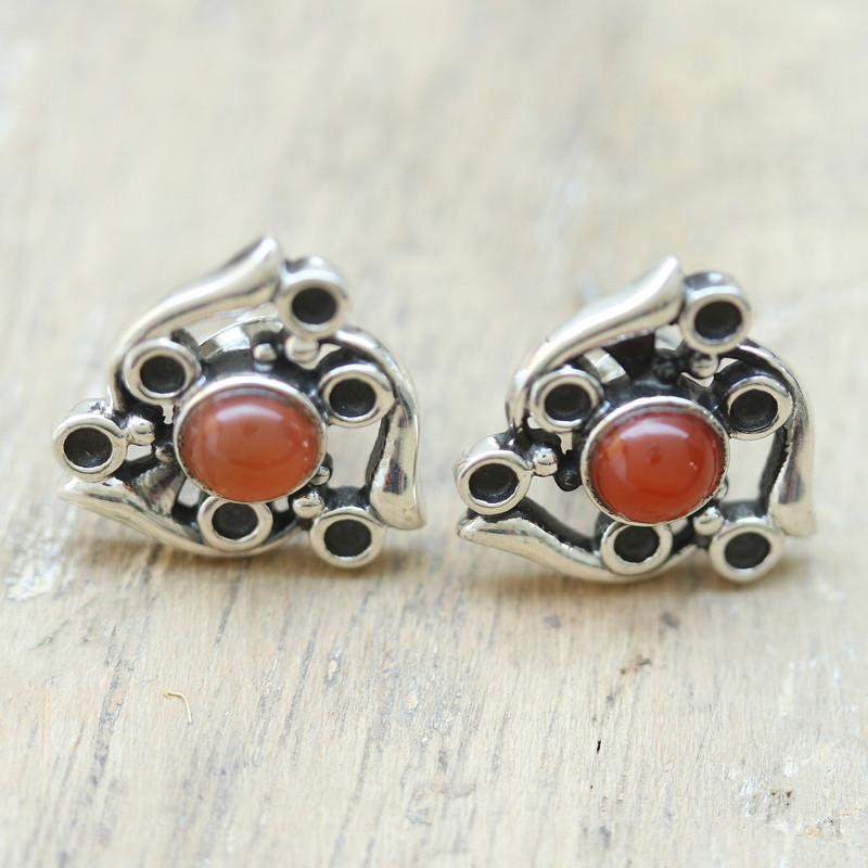 Sterling Silver Button Earrings with Carnelian Jewels, "Royal Twist"