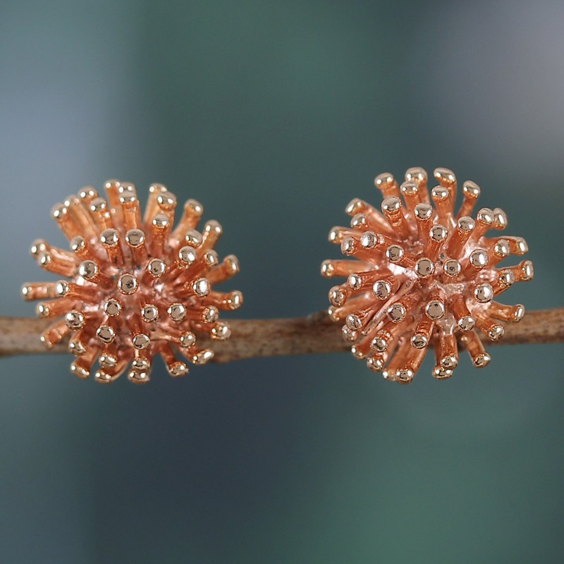 Modern 22k Rose Gold-Plated Stud Earrings from India, "Spiny Rose"