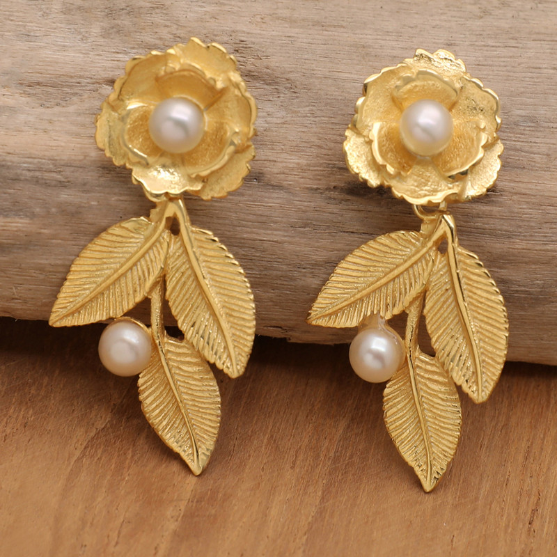 18k Gold-Plated Rose-Themed Dangle Earrings with Pearls, "Innocent Desire"