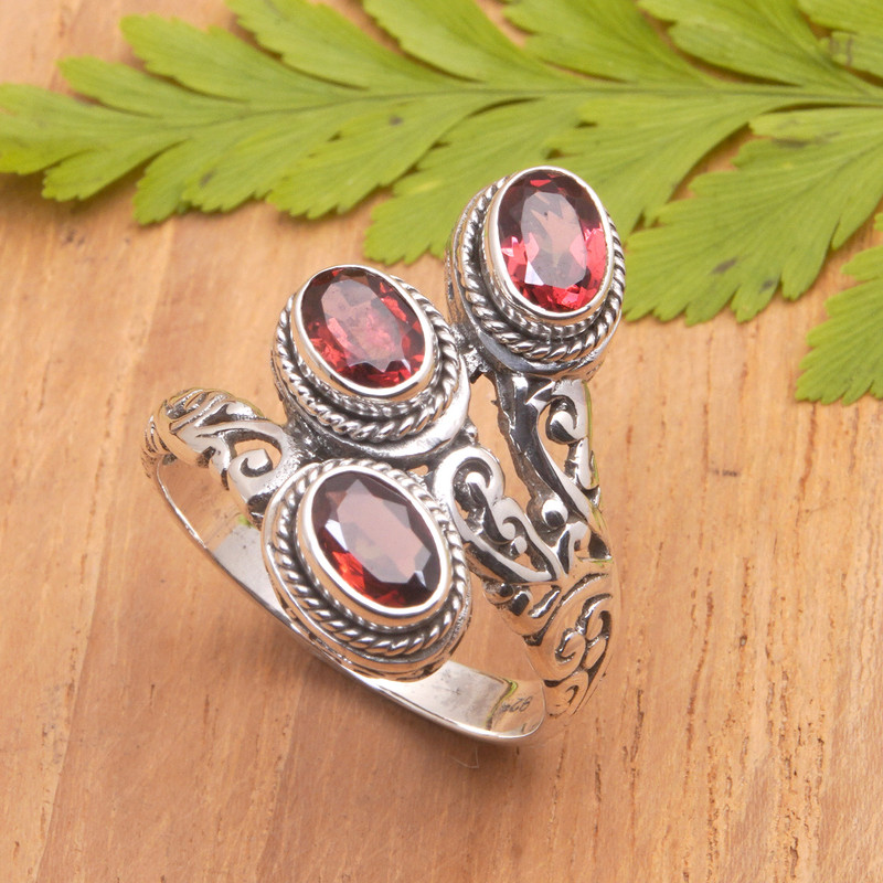 Sterling Silver Cocktail Ring with Faceted Garnet Stones, "Flaming Roots"