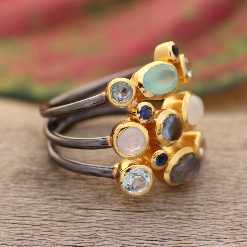 Modern Gold-Accented Multi-Gemstone Cocktail Ring from India, "Multicolored Fusion"