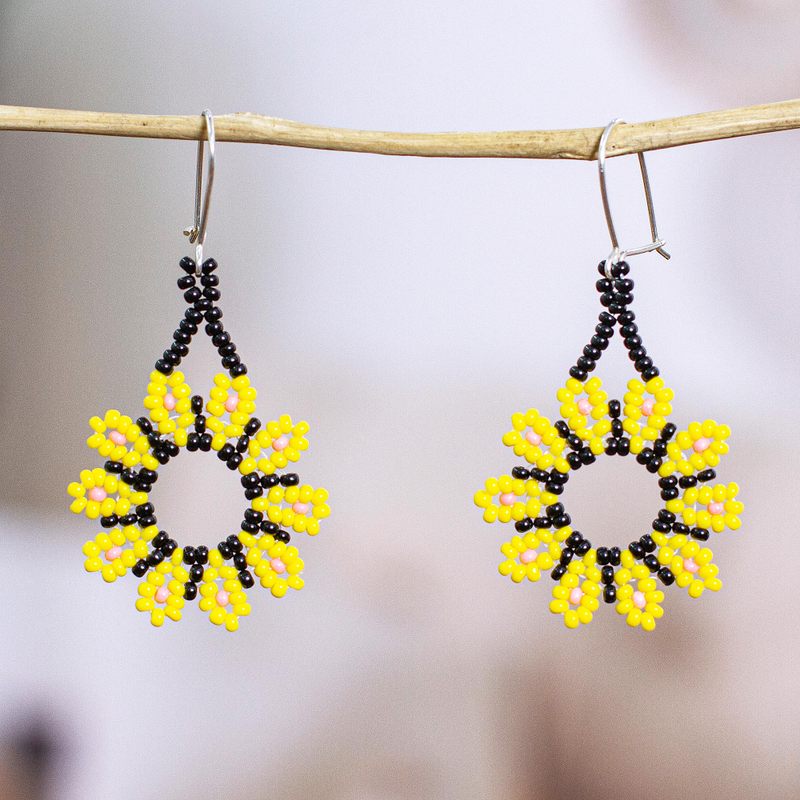 Yellow Floral Beaded Dangle Earrings Handcrafted in Mexico, "Blooming Yellow"