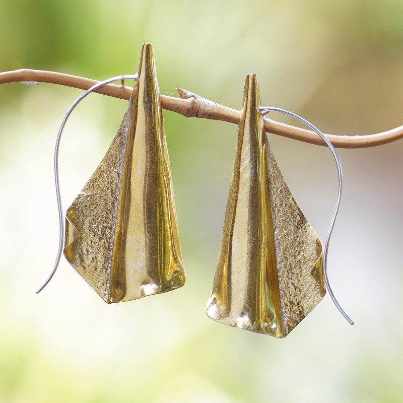 Polished Brass Drop Earrings Handcrafted in Bali, "Divine Bud"