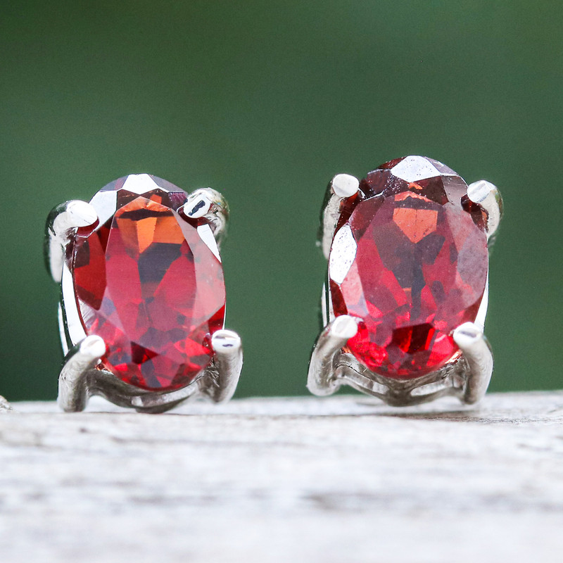 Sterling Silver Button Earrings with Natural Garnet Gems, "Perseverance Maiden"