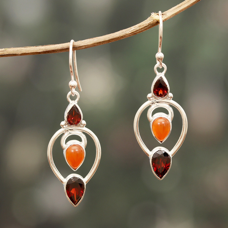 3-Carat Carnelian and Garnet Dangle Earrings from India, "Devoted Fusion"