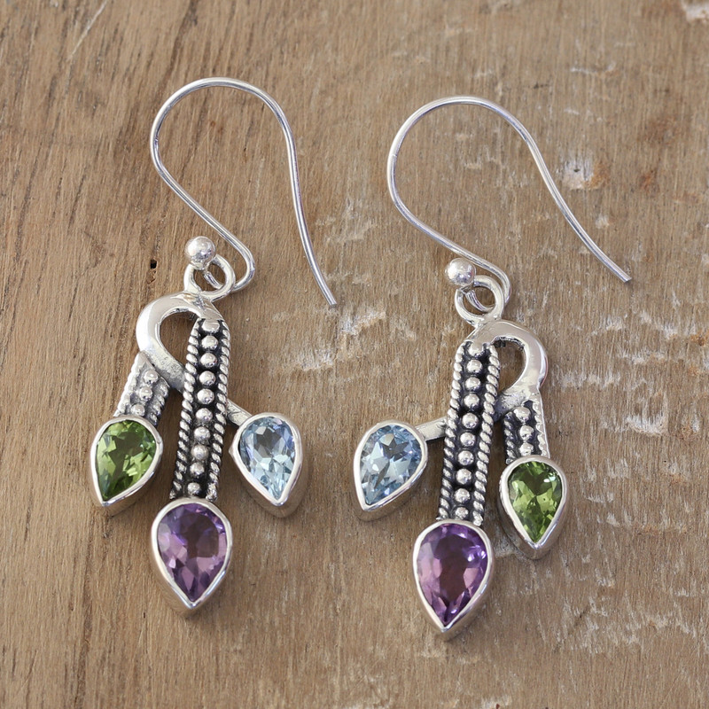 3-Carat Multi-Gemstone Dangle Earrings Crafted in India, "Precious Knots"
