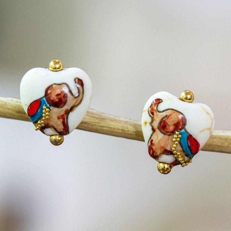 14k Gold-Accented Howlite Stud Earrings with Elephant Motifs, "Golden Trunks"