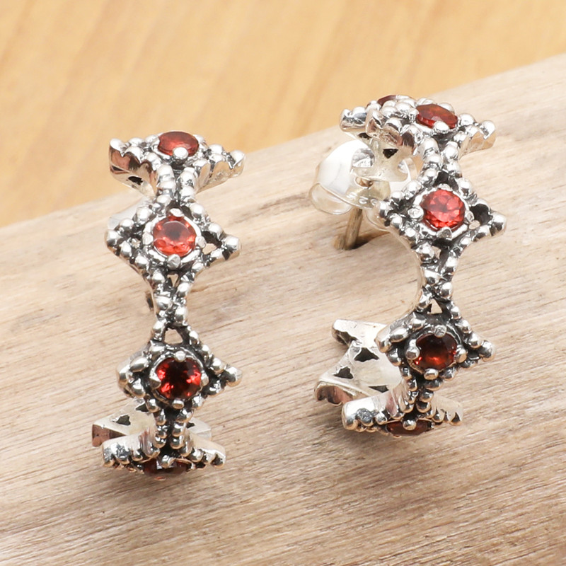 Sterling Silver & Garnet Geometric-Themed Half-Hoop Earrings, "Red Rhombus"