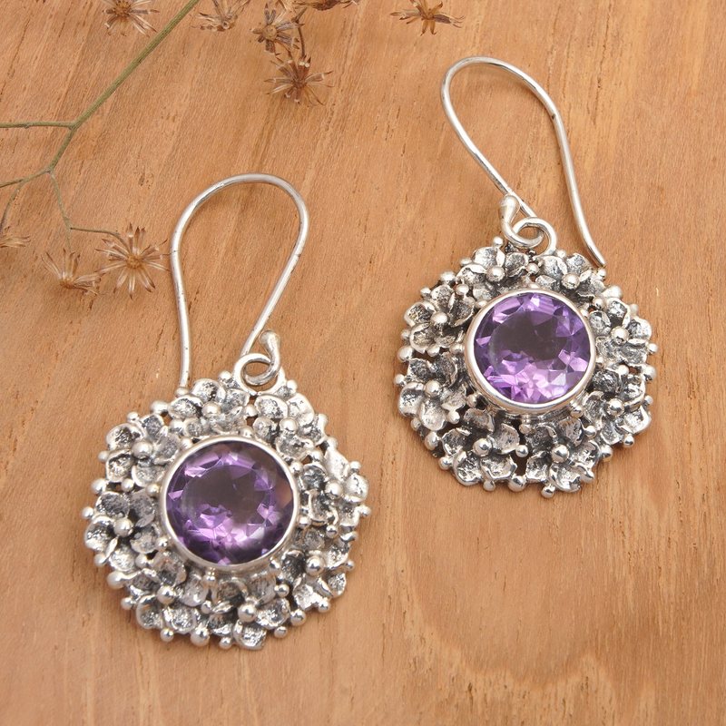 Amethyst and Silver Dangle Earrings with Frangipani Motif, "Purple Frangipani"