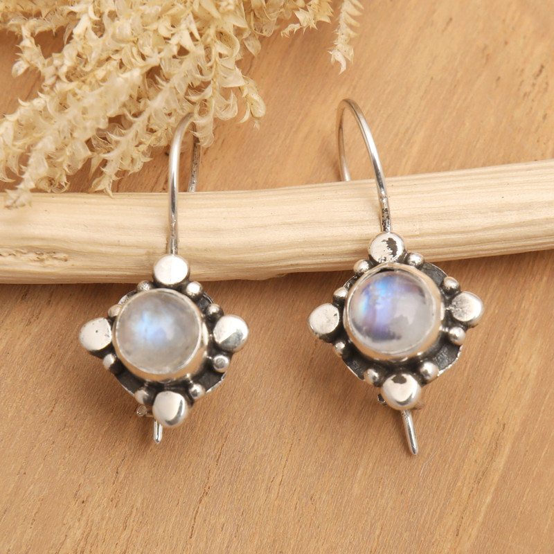 Star-Themed Rainbow Moonstone Drop Earrings from Bali, "Harmony Star"