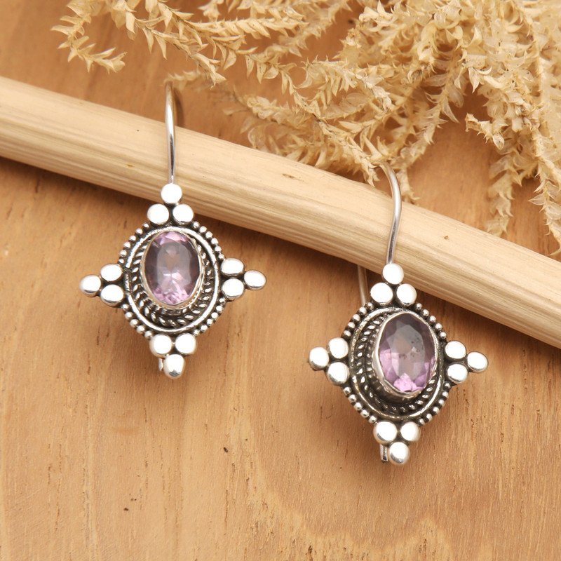 Star-Themed Oval Amethyst Drop Earrings from Bali, "Heavenly Wisdom"
