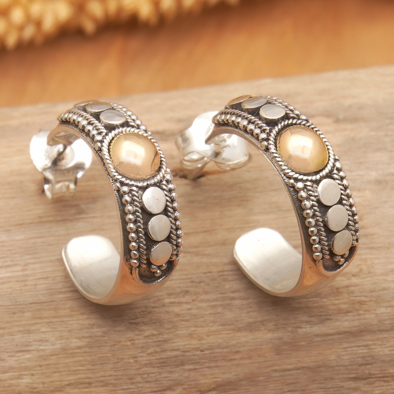 18k Gold-Accented Half-Hoop Earrings Crafted in Bali, "Golden Thoughts"