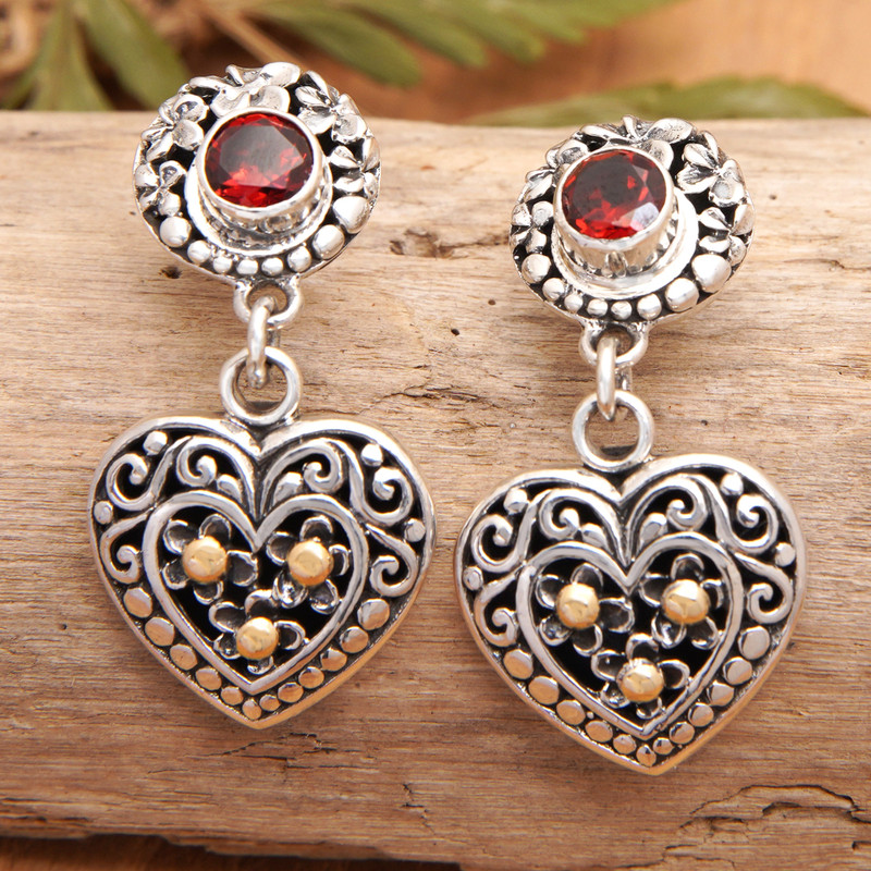925 Silver Heart Dangle Earrings with Garnet & Gold Accents, "Frangipani Heart"
