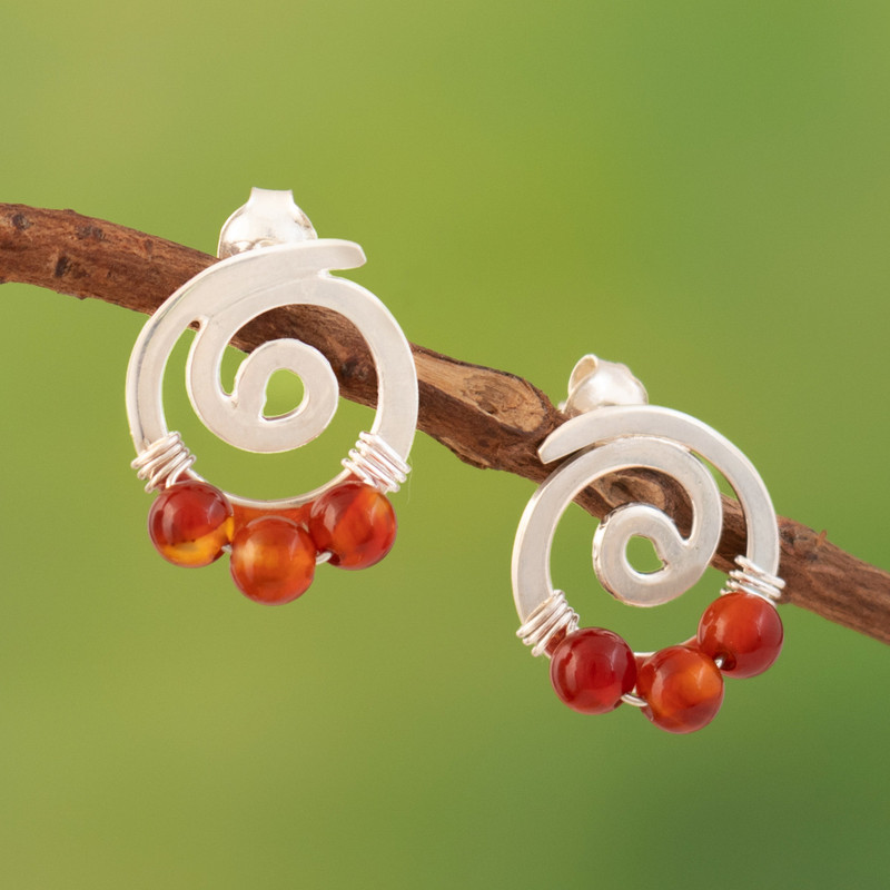 Modern 925 Silver Spiral Drop Earrings with Carnelian Stone, "Contemporary Air"
