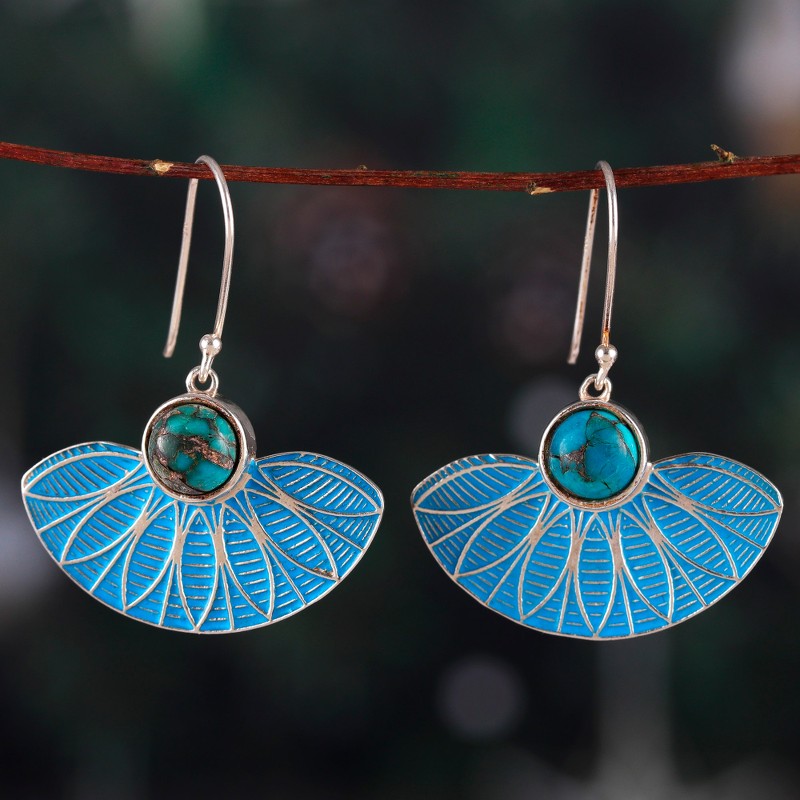 Painted Blue Dangle Earrings with Recon Turquoise Cabochons, "Blue Utopia"