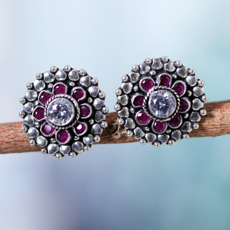 Pink Onyx Cubic Zirconia and Silver Floral Button Earrings, "Dotted Blossom"