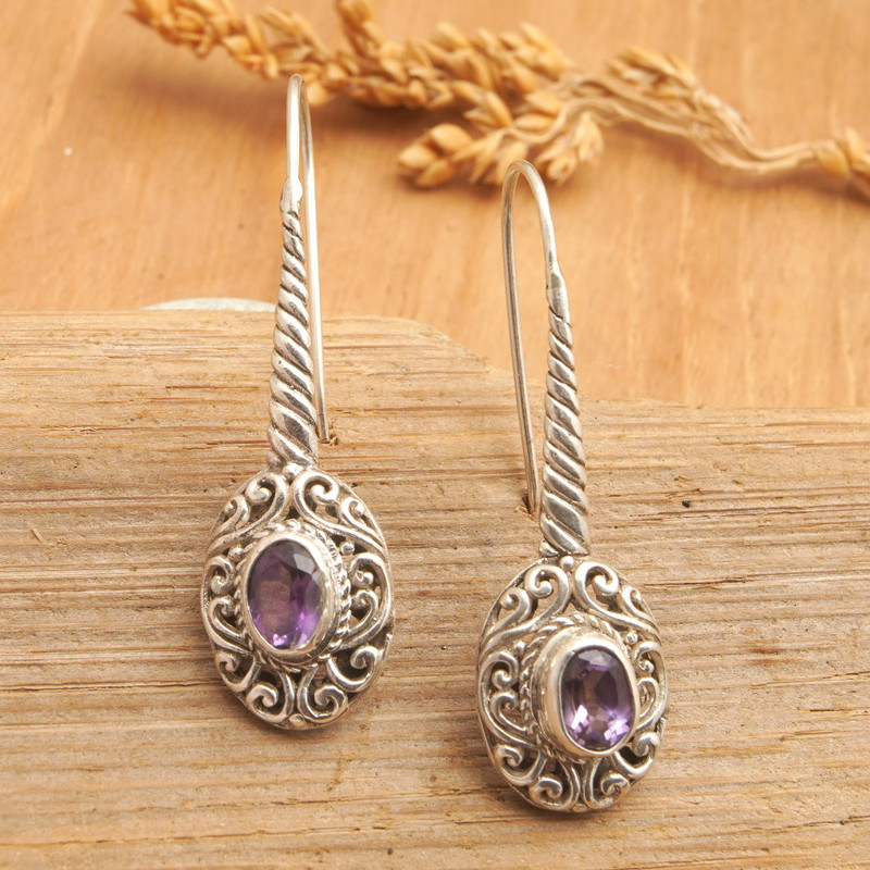 Sterling Silver Drop Earrings with Faceted Amethyst Gems, "Sage's Charm"