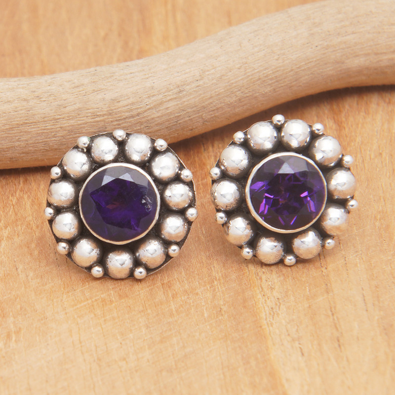 Amethyst Button Earrings with Sterling Silver Beads, "Purple Fancy Flower"