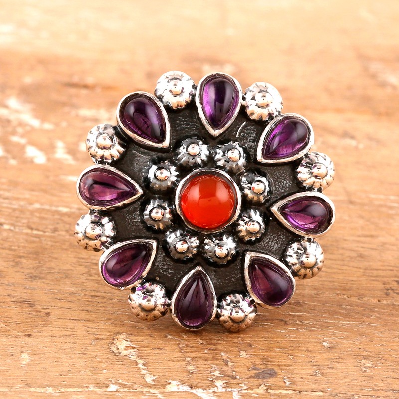 Polished Cocktail Ring with Amethyst and Carnelian Gems, "Blossom of Wisdom"