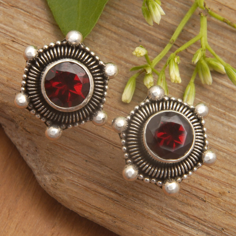 Polished Garnet Stud Earrings Crafted from Sterling Silver, "Red Universe"