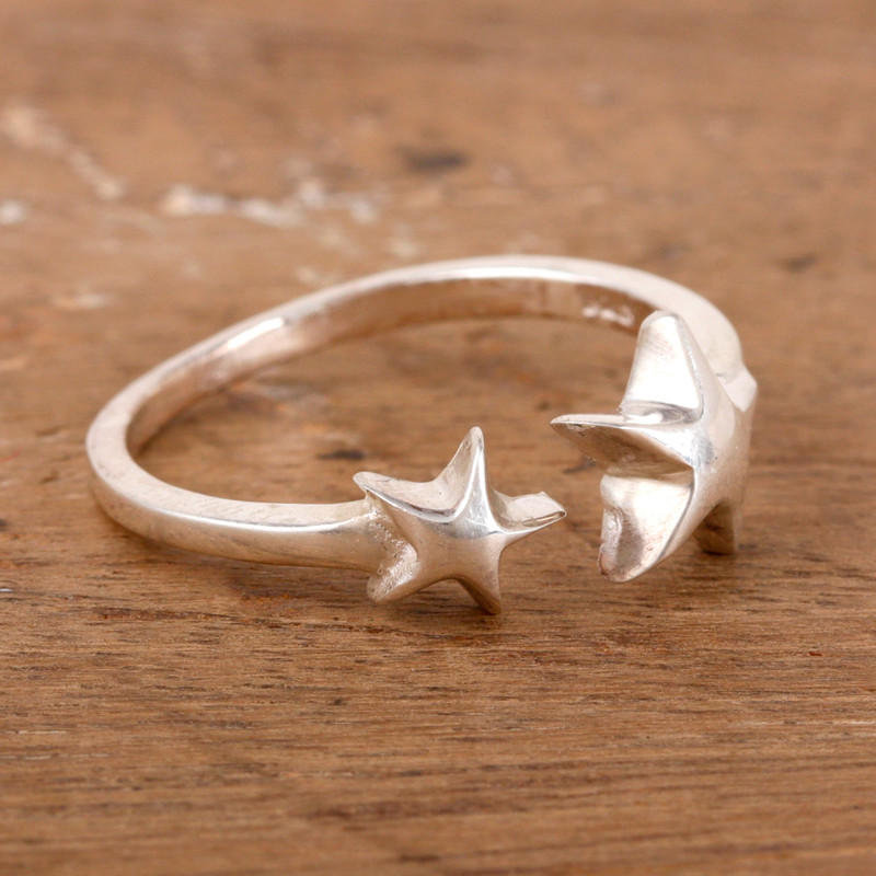Star-Themed High-Pòlished Sterling Silver Wrap Ring, "Shining Cosmos"