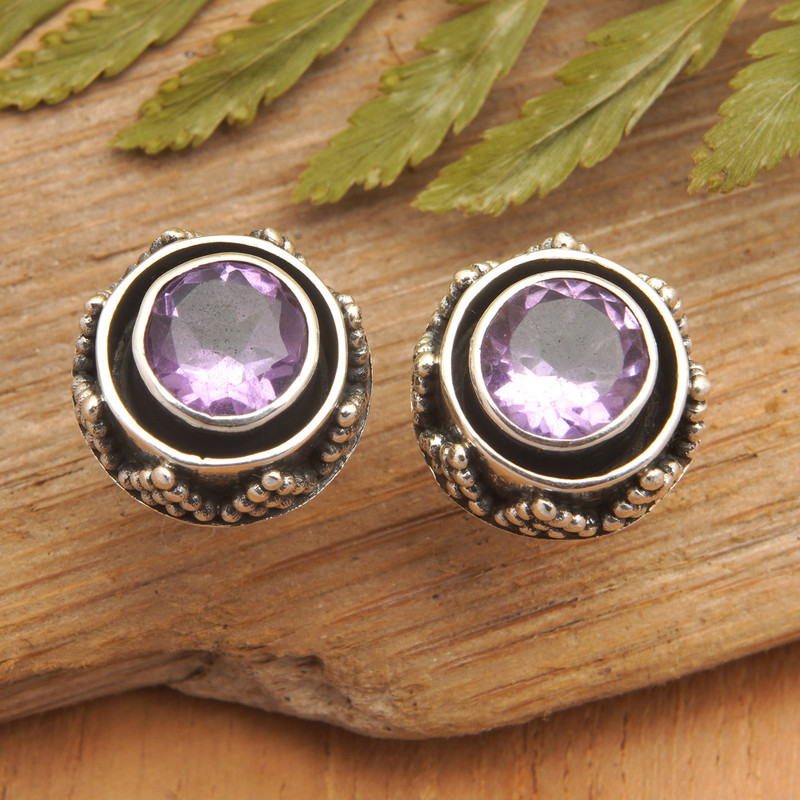 Sterling Silver Button Earrings with Round Amethyst Stone, "Touch of Purple"