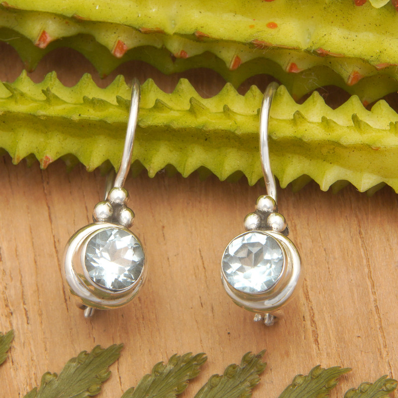Sterling Silver Drop Earrings with Round Blue Topaz Stone, "Unique Radiance"