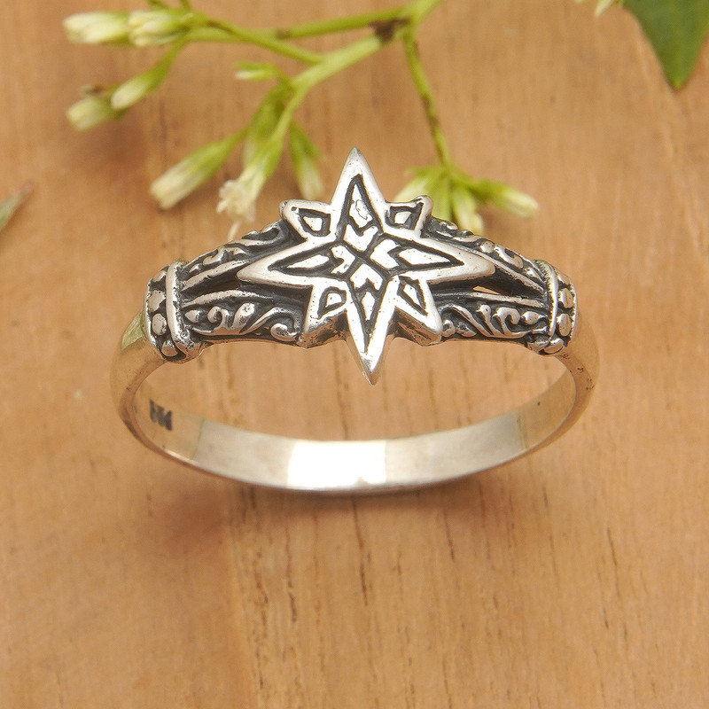 Sterling Silver Band Ring with Star Motif from Bali, "Brightest Star"