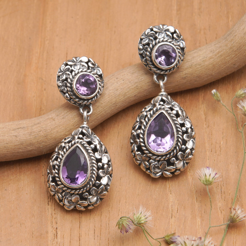 1-Carat Faceted Amethyst Dangle Earrings with Floral Details, "Wise Frangipani"