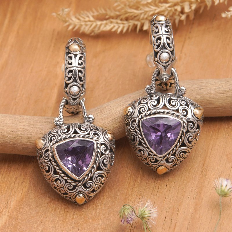 18k Gold-Accented Dangle Earrings with Triangle Amethyst Gem, "Triangle of the Wise"