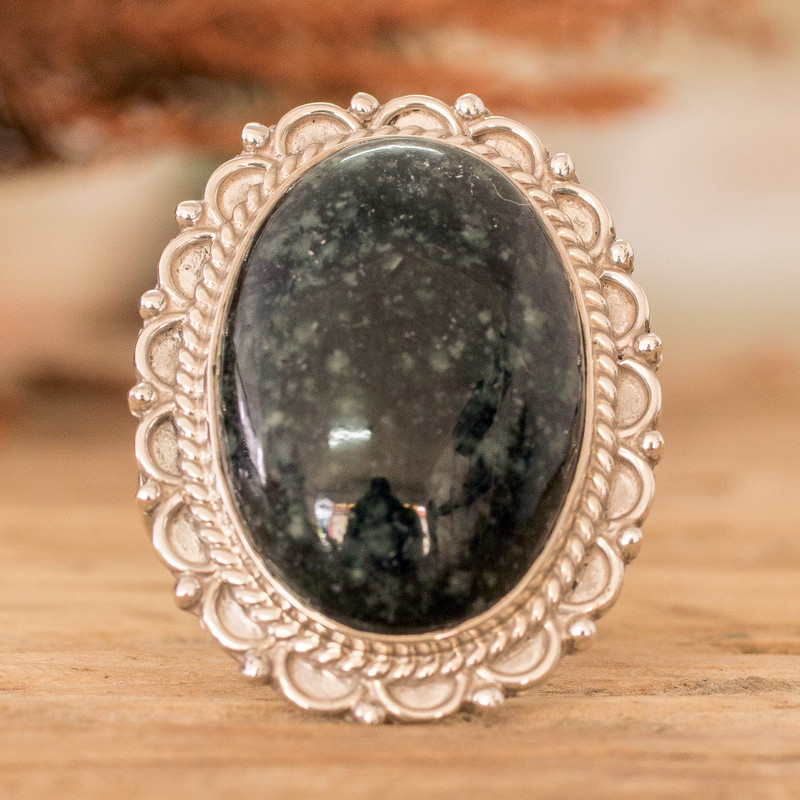 Sterling Silver Cocktail Ring with Dark Green Jade Stone, "Royal Delicacy"
