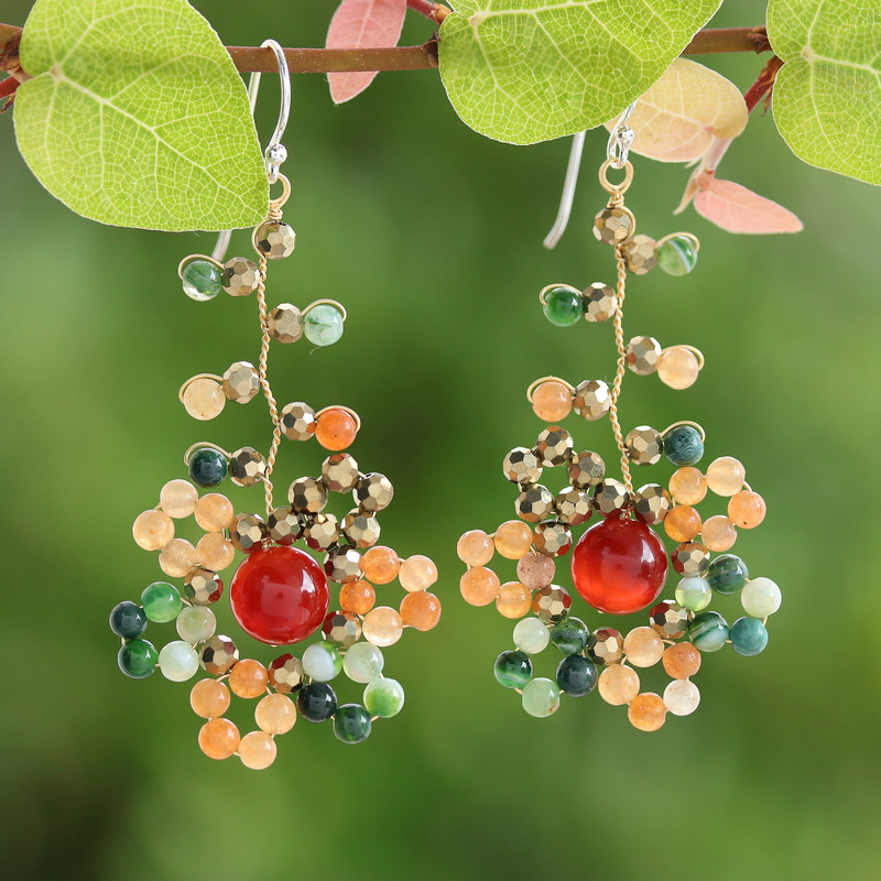 Warm-Toned Multi-Gemstone Beaded Dangle Earrings, "Dawn Atoms"