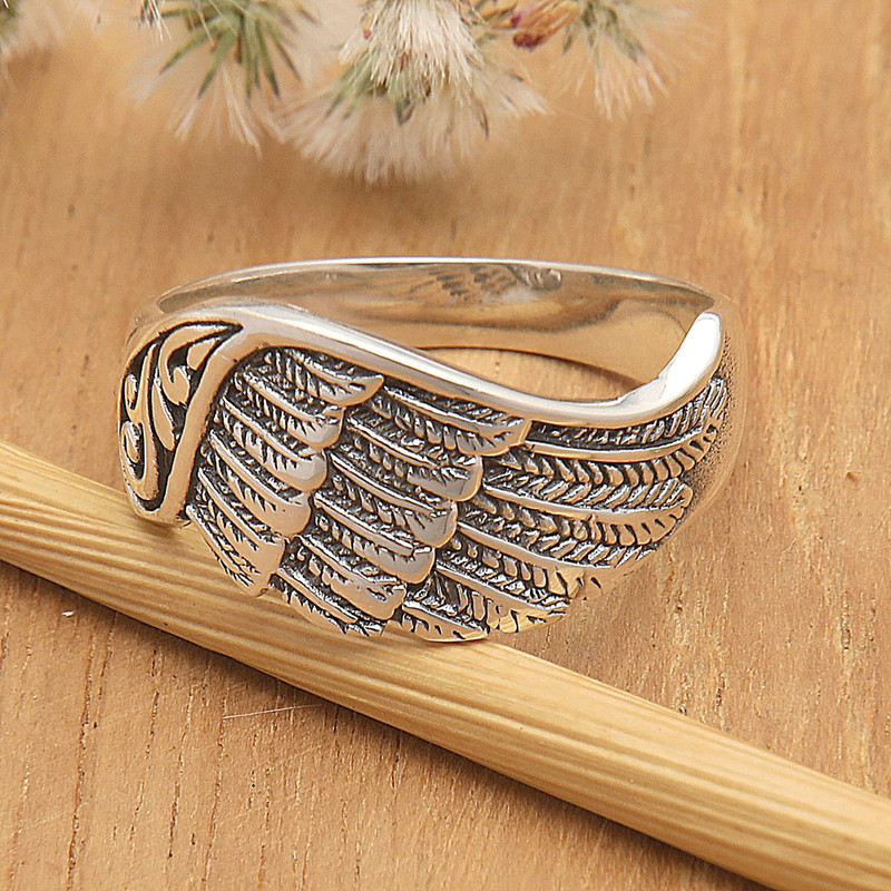 Sterling Silver Band Ring with Wing Motif & Openwork Accent, "Mighty Wing"