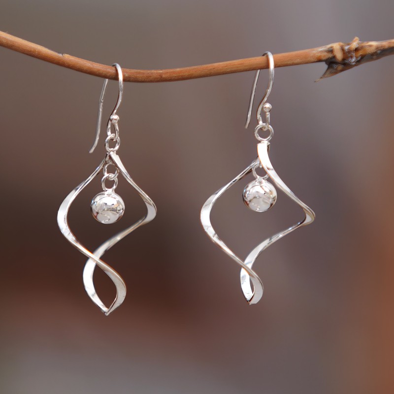 Polished Abstract Sterling Silver Dangle Earrings from Bali, "Essence Ball"