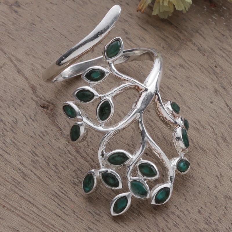 Leaf-Themed Sterling Silver & Green Onyx Cocktail Wrap Ring, "Glorious Greenery"
