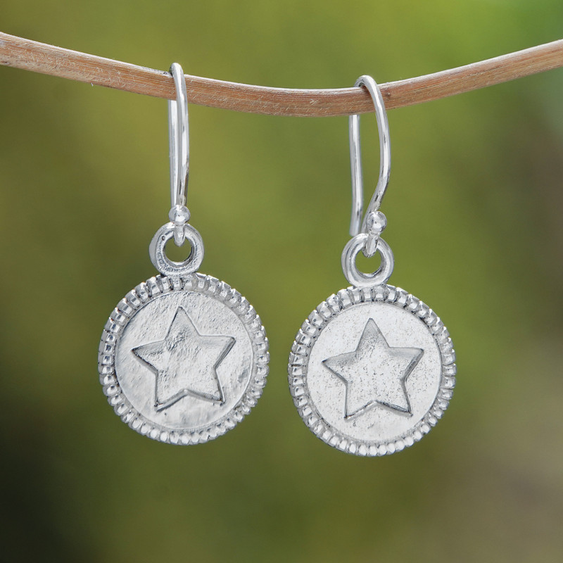 Star-Themed Round Sterling Silver Dangle Earrings from Bali, "Starry Medal"
